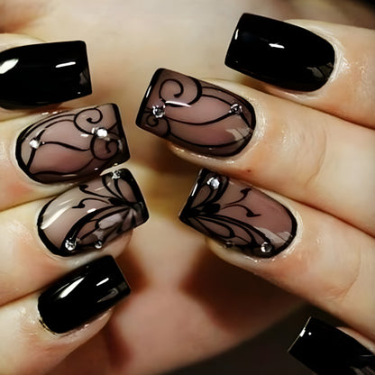 VineChic™ Dark Ins Style Black Vine Wearable Nails